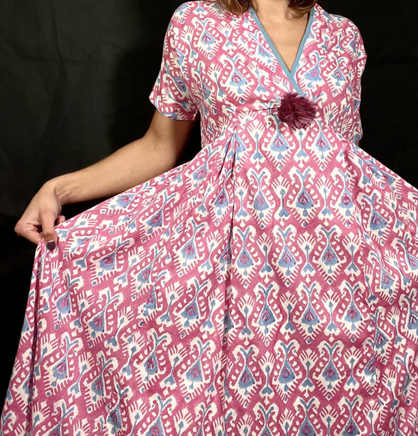 100% Organic Cotton Raj Pom Pom Dress in Ikat Pink