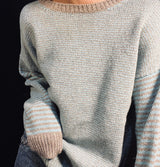 Merino and Cashmere Stripe Jumper Mushroom and Aqua
