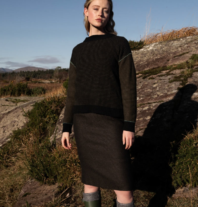 Fisherman Out Of Ireland Birdseye Stitch Black and Olive Jumper