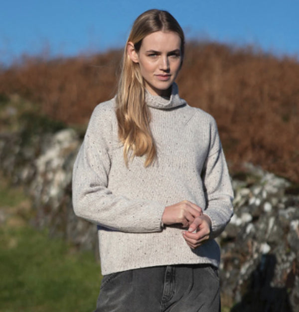 Fisherman Out Of Ireland Merino Wool and Cashmere Roll Neck Jumper in Oyster